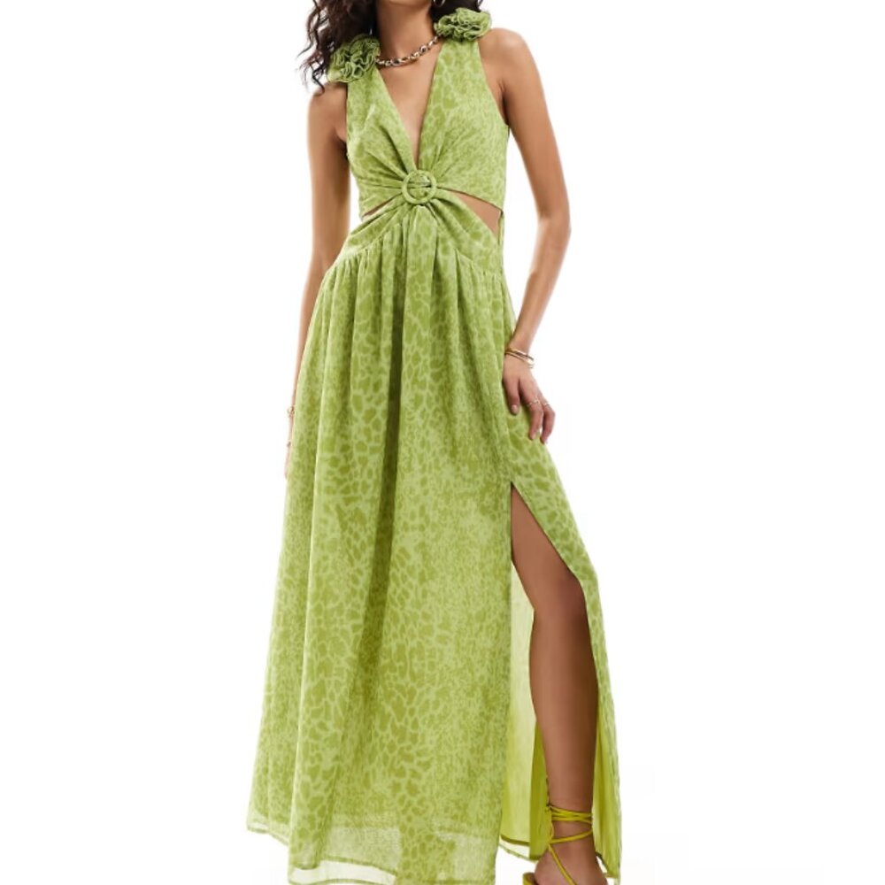 Green Maxi Dress with Cutouts + Shoulder Corsage